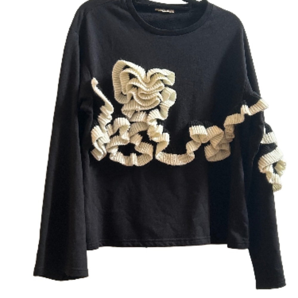 Zara Trafaluc Black Rosette & Ruffle Sweatshirt  Size Large